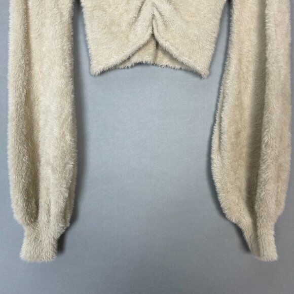 Forever 21 Fuzzy Crop Top Sweater Balloon Sleeve Size Medium Beige Gathered Bust - Picture 4 of 11